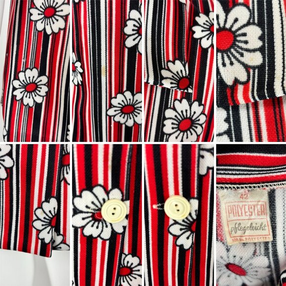 Vintage 70s Floral Print Top Women's Medium Red Black Daisies Stripes Blouse - Picture 9 of 11